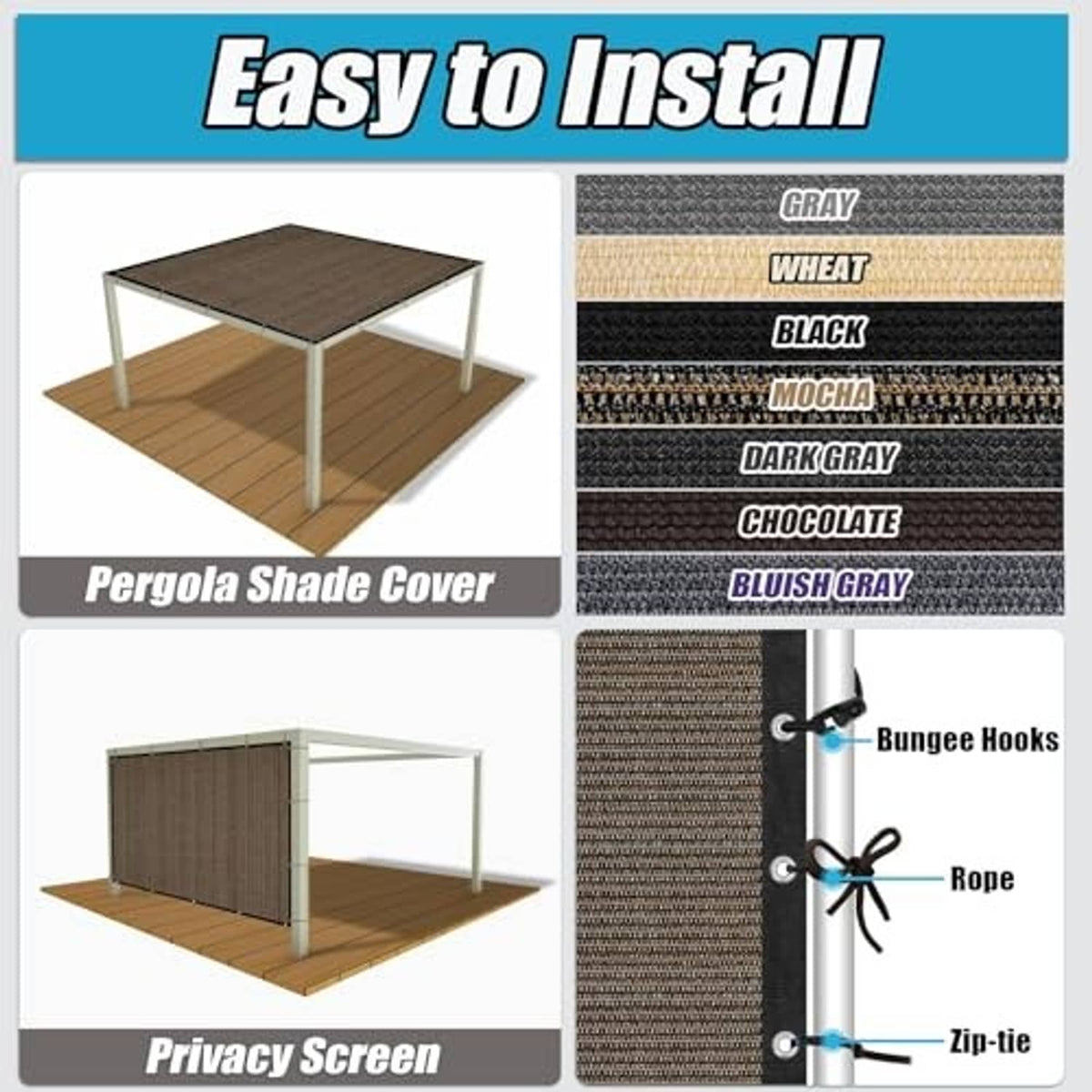 Pergola shade cover with grommets and tie points; multiple fabric color swatches