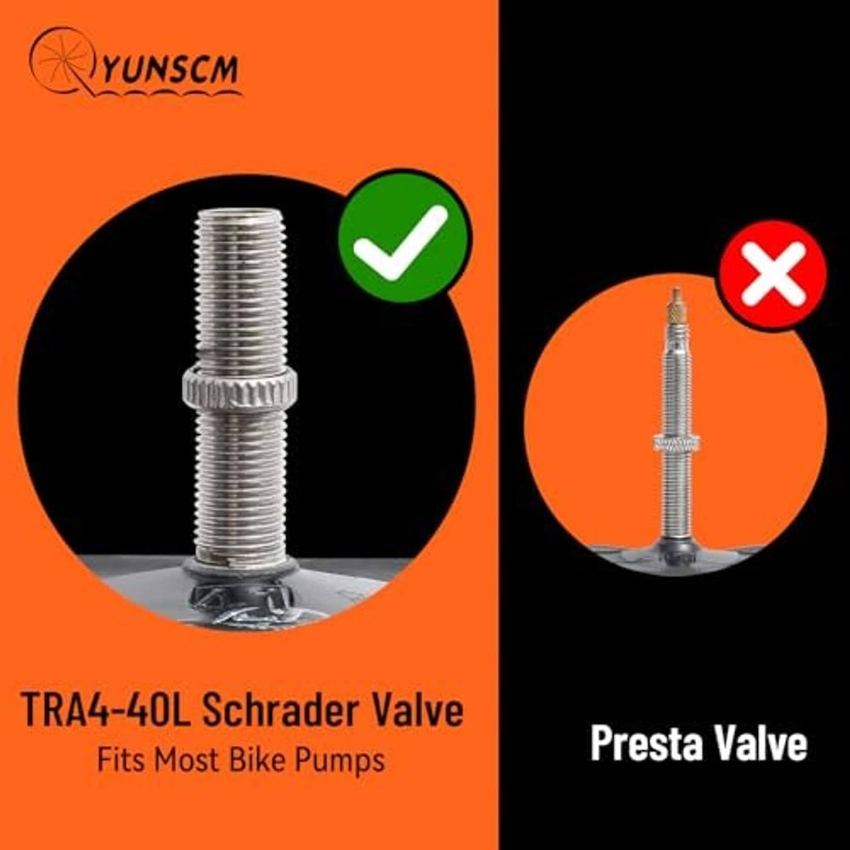 TR4A-40L Schrader valve on a black inner tube, threaded metal valve stem
