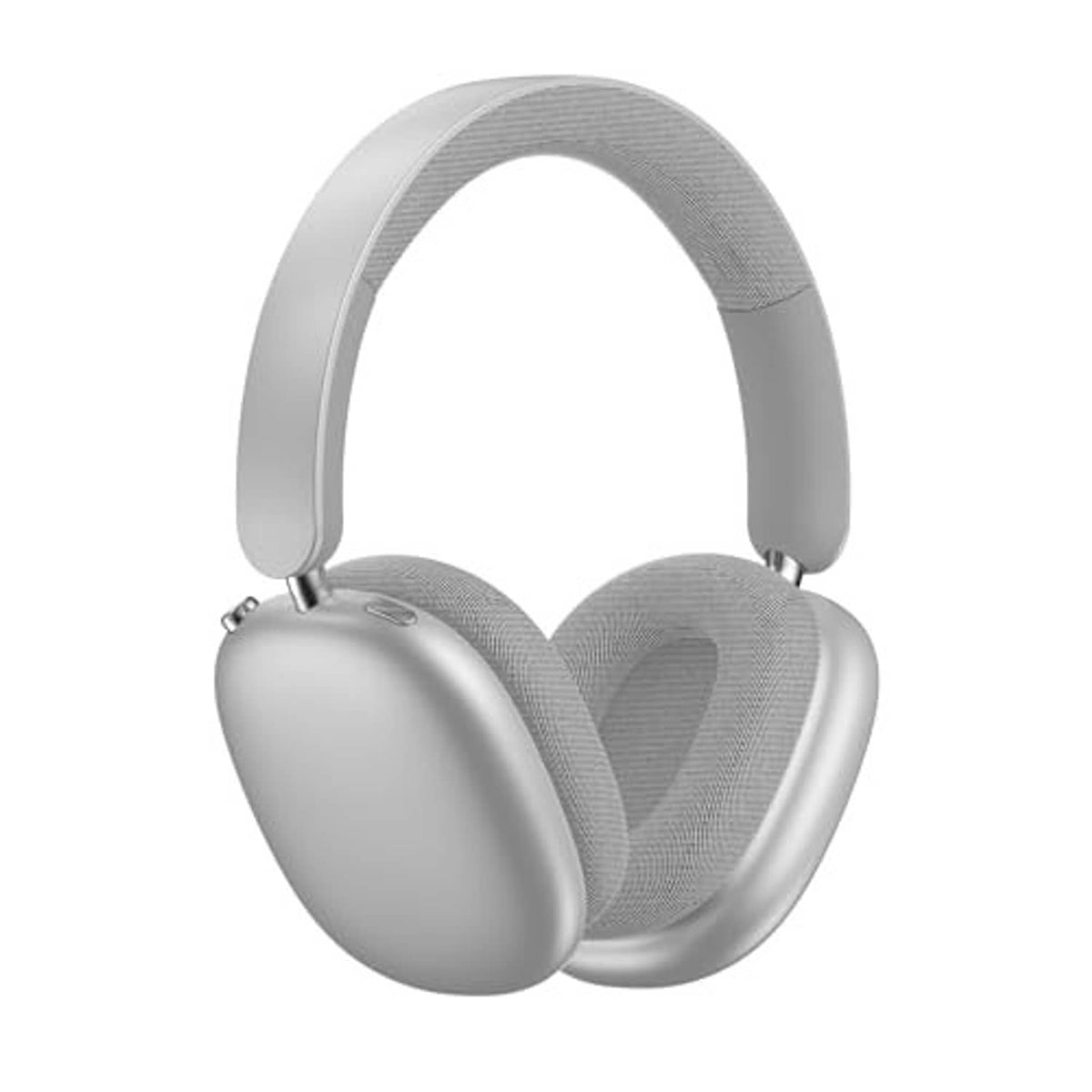 Silver over-ear headphones with soft mesh ear pads and adjustable headband