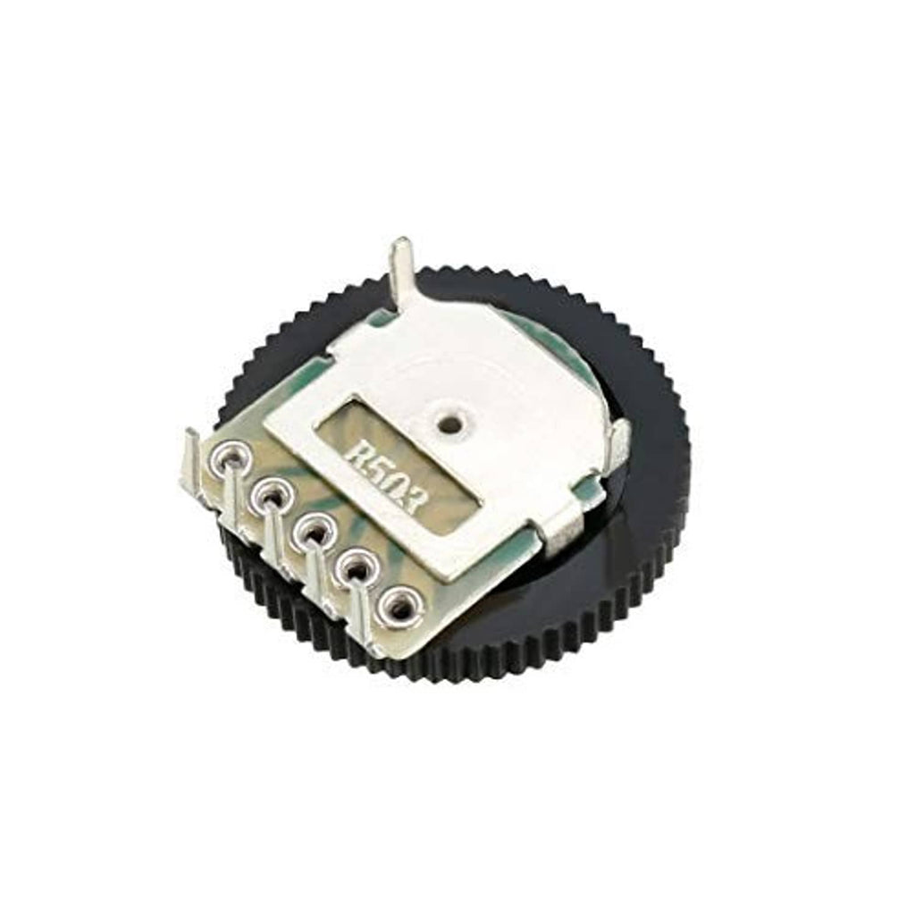 Rotary potentiometer with black housing and exposed metal terminals on the back