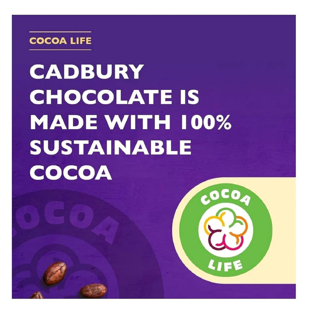 Cadbury Cocoa Life panel for hot chocolate tin showing 100% sustainable cocoa claim
