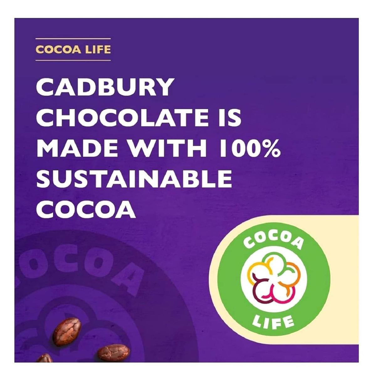 Cadbury Cocoa Life panel for hot chocolate tin showing 100% sustainable cocoa claim