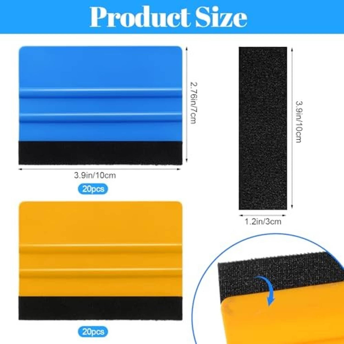 Blue and yellow vinyl squeegees with black velvet felt, labeled size diagram