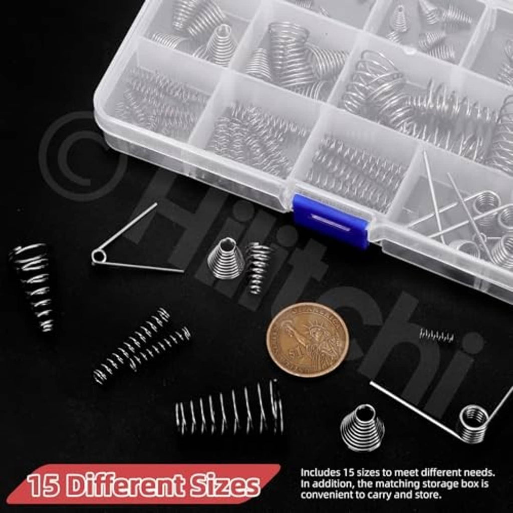 Compressed spring assortment kit featuring 15 different coil spring sizes in tray