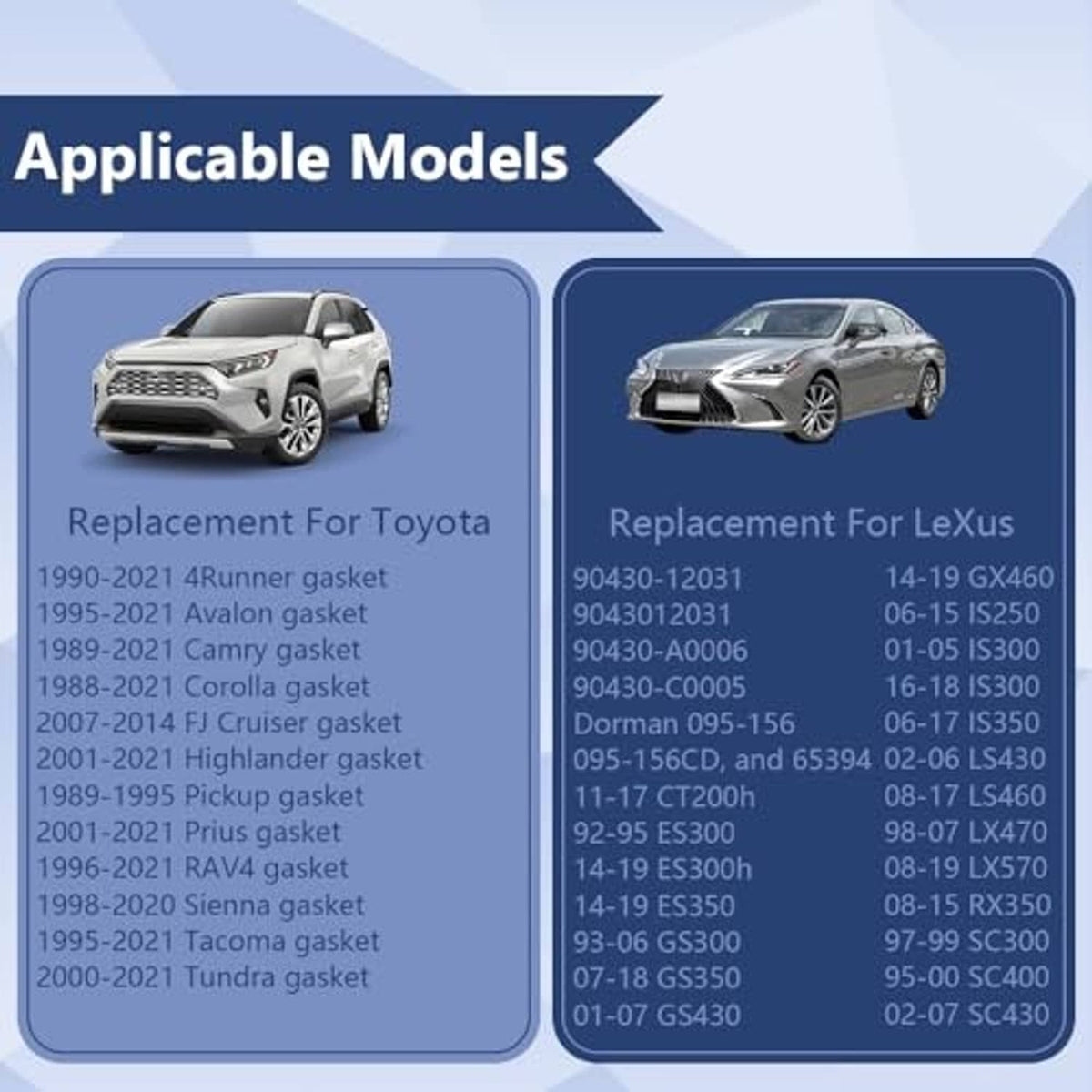 Compatibility models chart for oil drain plug crush washers with car icons