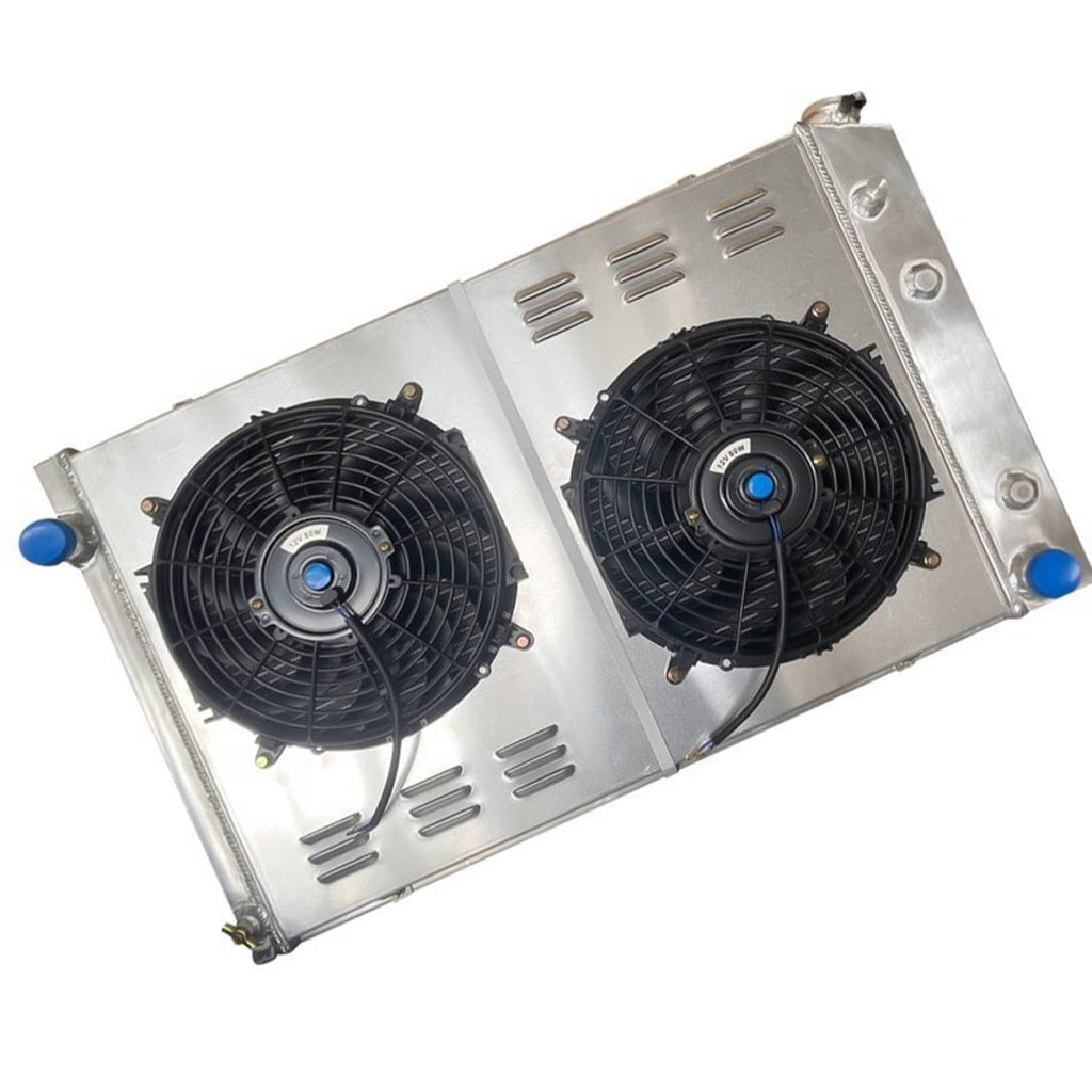 4-row radiator with dual black fans and vented silver end tanks