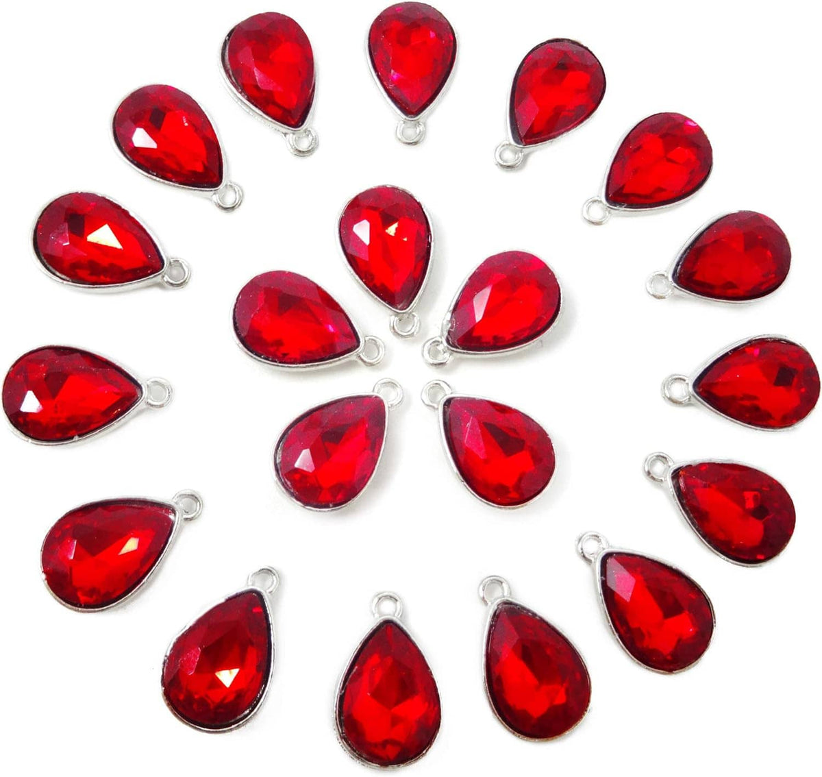 Red teardrop crystal pendant charms in silver-tone settings, laid out in a grid.