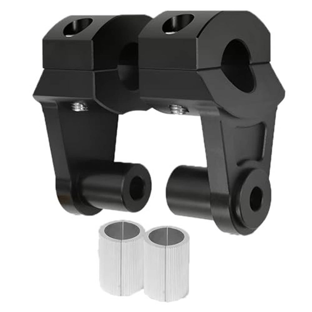 Black universal handlebar riser clamp with pivot brackets and two silver installation bushings