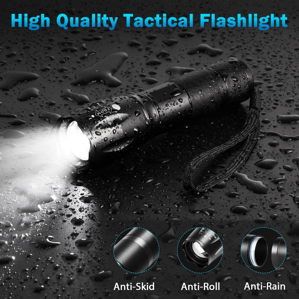 Black LED tactical flashlight with lanyard, lit beam, and water droplets on body