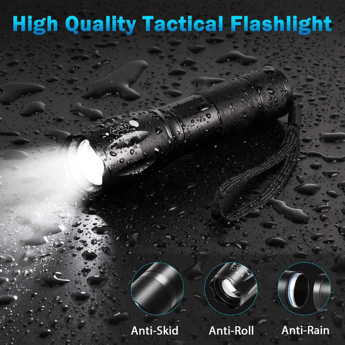 Black LED tactical flashlight with lanyard, lit beam, and water droplets on body