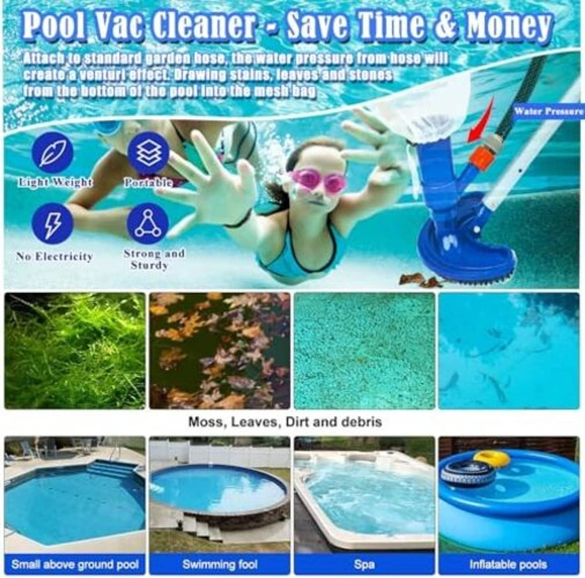 Pool vacuum cleaner head on telescopic pole with blue base in outdoor pool