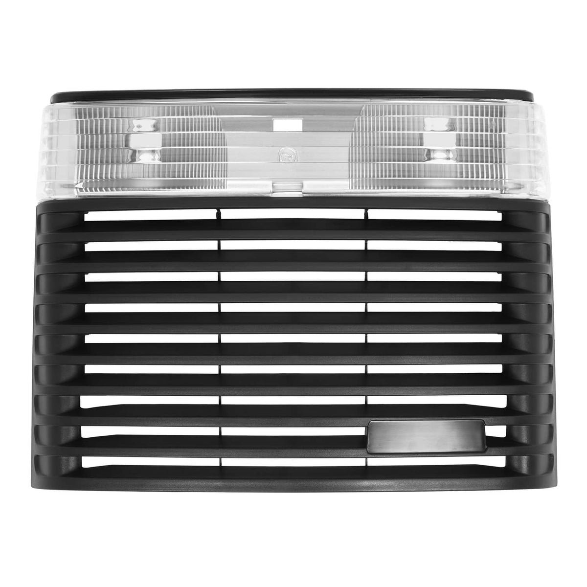 Front hood grille with headlight lens, rectangular black slat grille with clear lens top