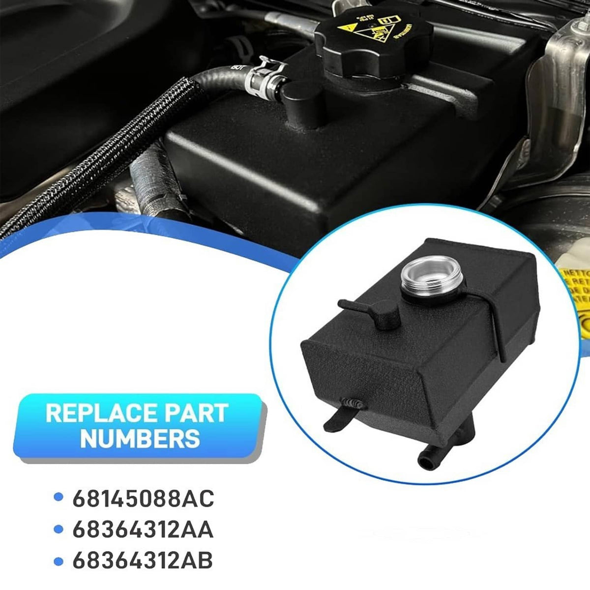 Black coolant reservoir tank with threaded cap opening and outlet hose connection