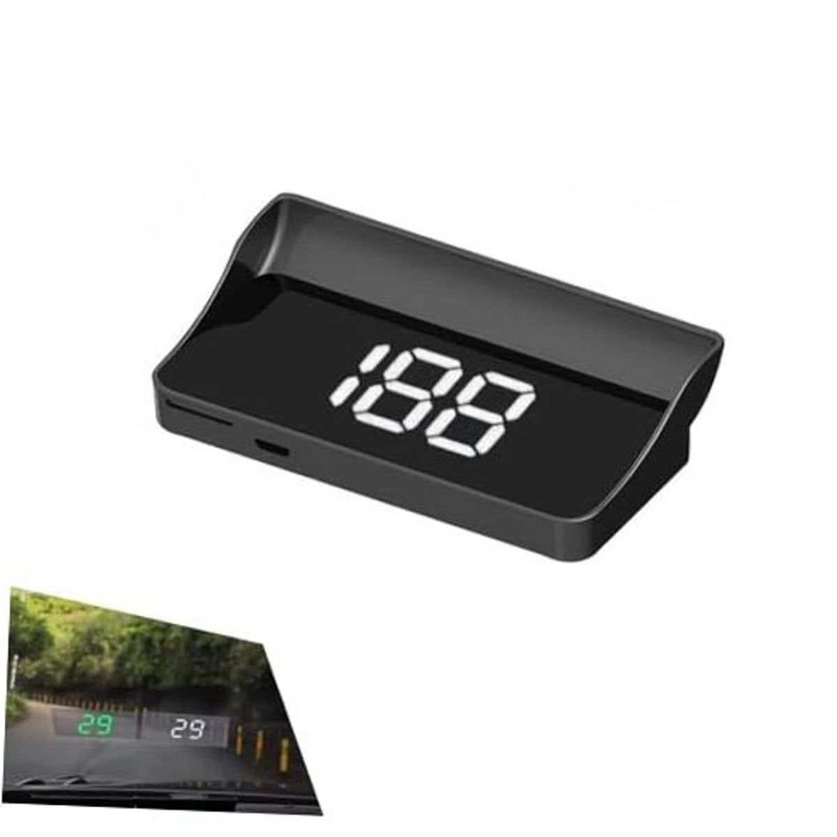 Car heads-up display speedometer unit with dark housing and bright 98 digits