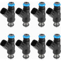Set of 8 black fuel injectors with blue O-ring seals and metal nozzle tips