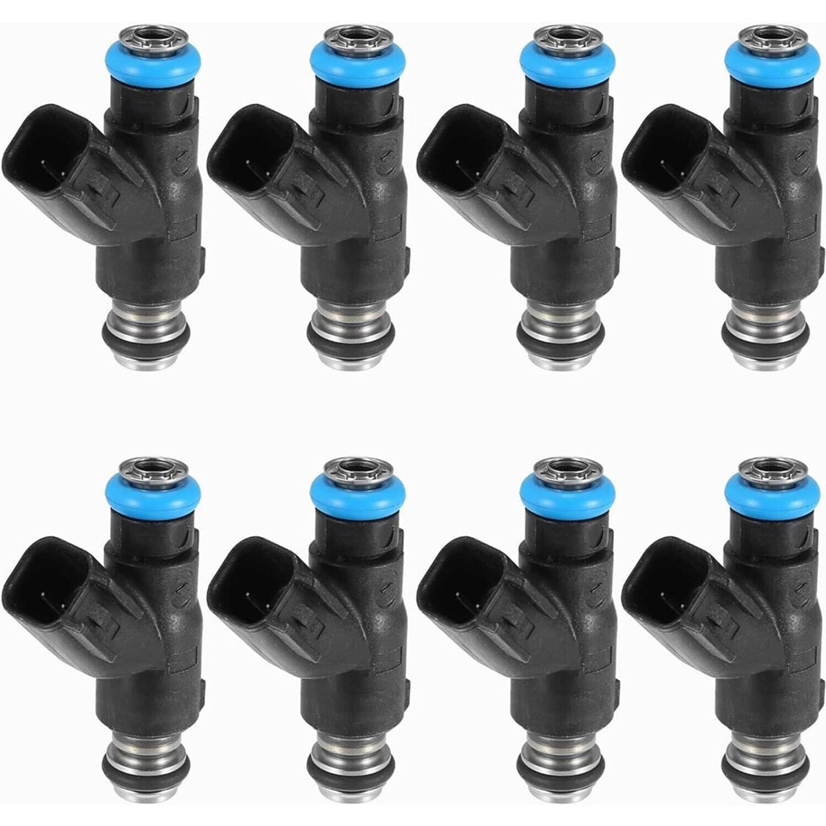 Set of 8 black fuel injectors with blue O-ring seals and metal nozzle tips