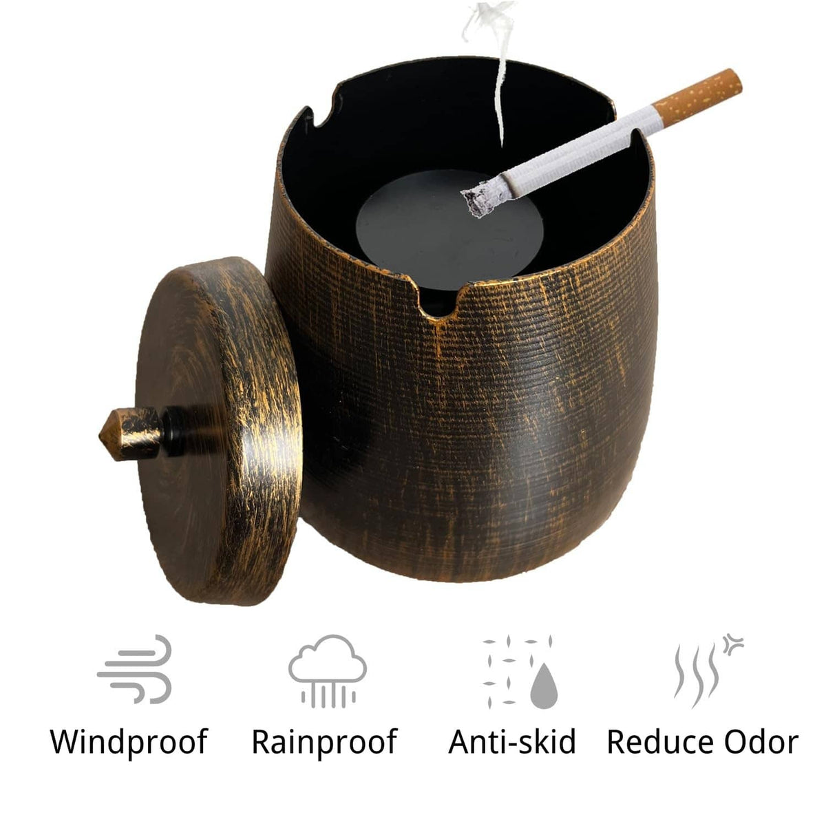Large bronze outdoor ash tray with lid beside it and cigarette in the ashwell