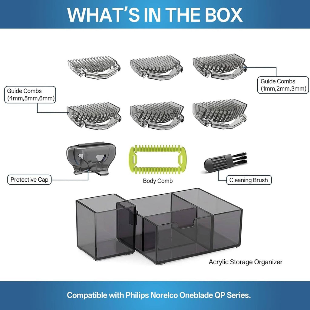 Guard comb kit contents: multiple metal comb heads, protective cap, brush, acrylic organizer