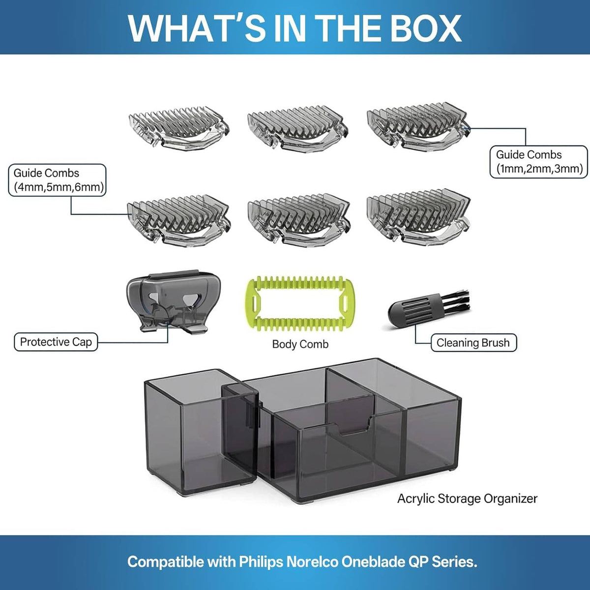 Guard comb kit contents: multiple metal comb heads, protective cap, brush, acrylic organizer