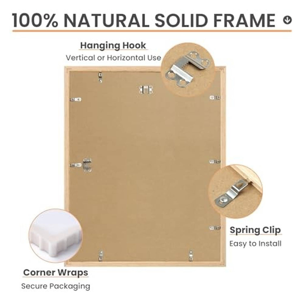 Natural solid wood picture frame set with hanging hook and spring clips, corner wraps shown