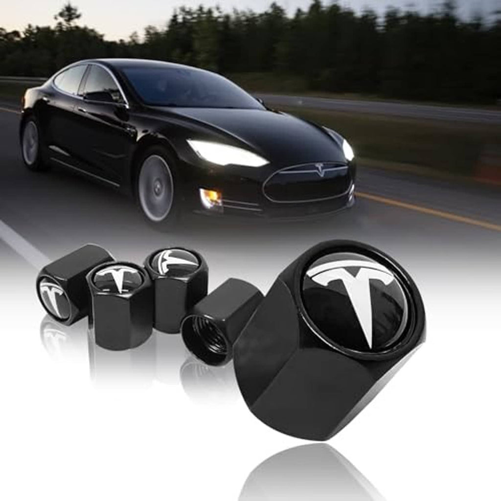Black tire valve stem cap set with white logo, angled view of the caps