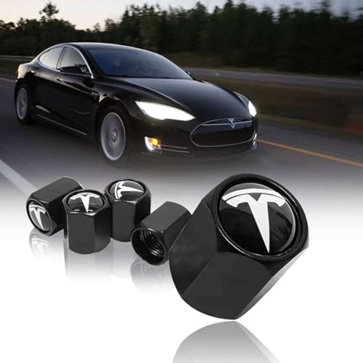 Black tire valve stem cap set with white logo, angled view of the caps