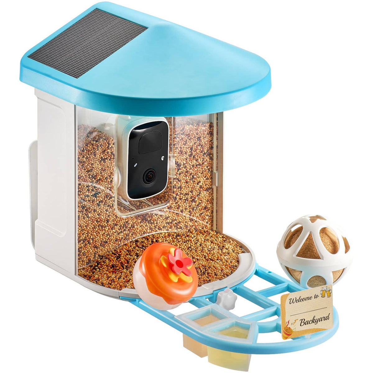 Smart bird feeder with 2K camera, blue solar panel top, seed-filled window