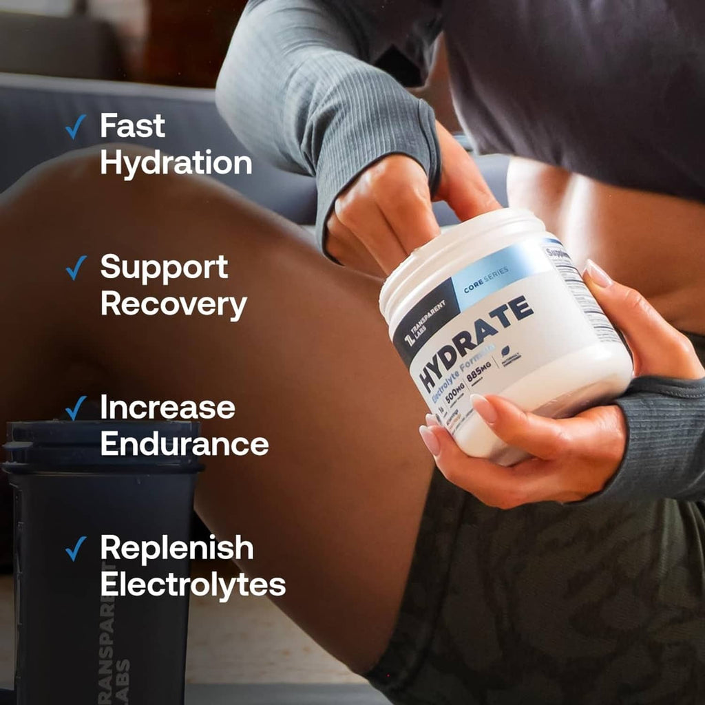 Hydrate electrolyte supplement tub held while sitting, “HYDRATE” label visible