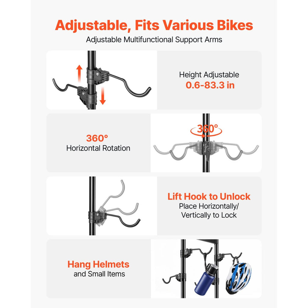 Freestanding vertical bike rack with height-adjustable 360° rotating arms and lift hooks