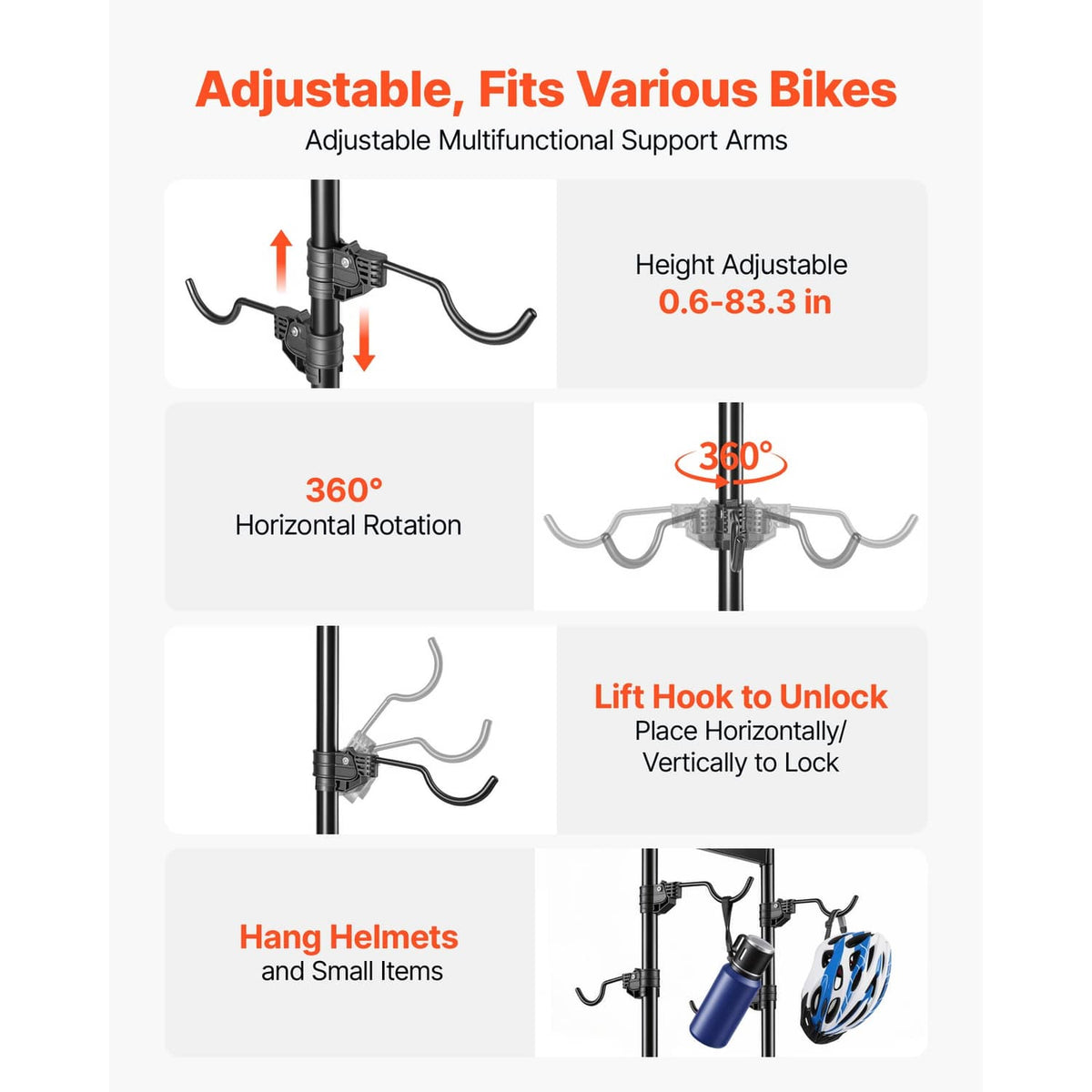 Freestanding vertical bike rack with height-adjustable 360° rotating arms and lift hooks