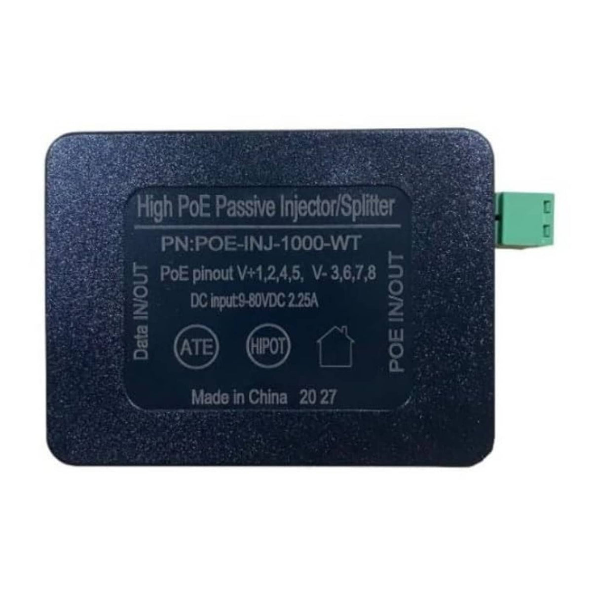 High PoE passive injector splitter label on dark blue case, green power terminal