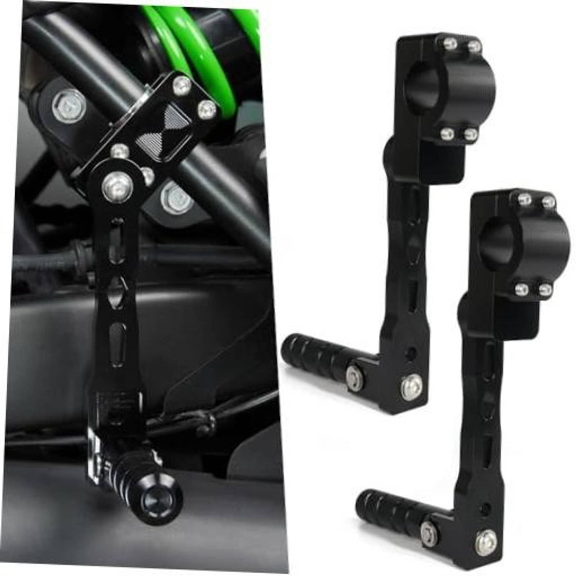 Black adjustable highway foot peg mount with serrated bracket and pivot pedal rod