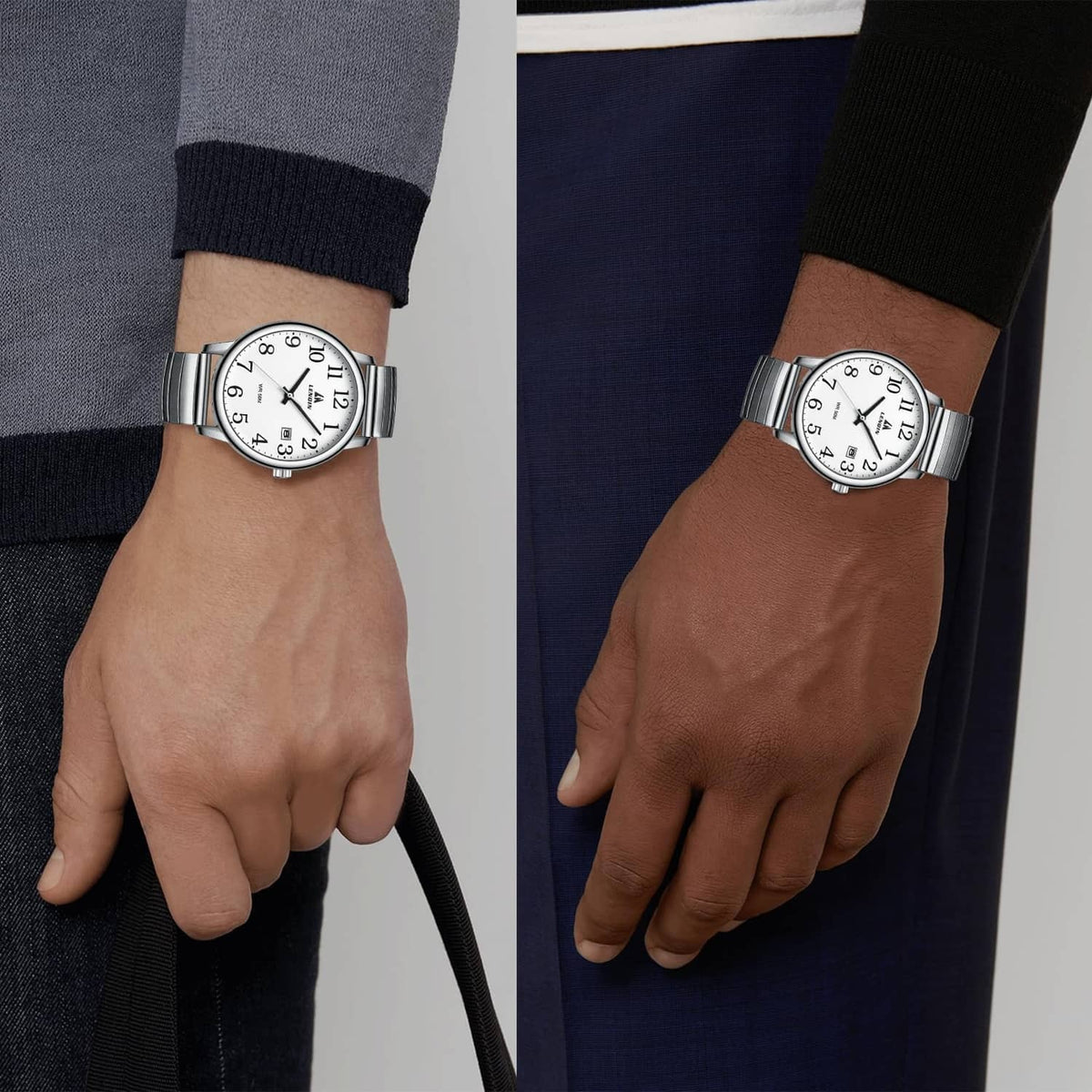 Mens wristwatch with silver metal strap and white dial shown on two hands
