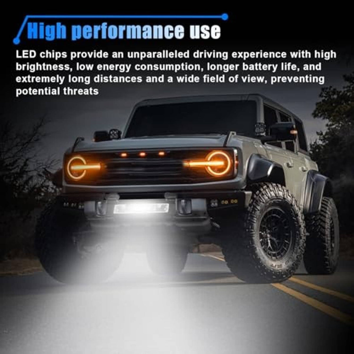 Universal LED light bar with clear lens on, black strap mount on vehicle