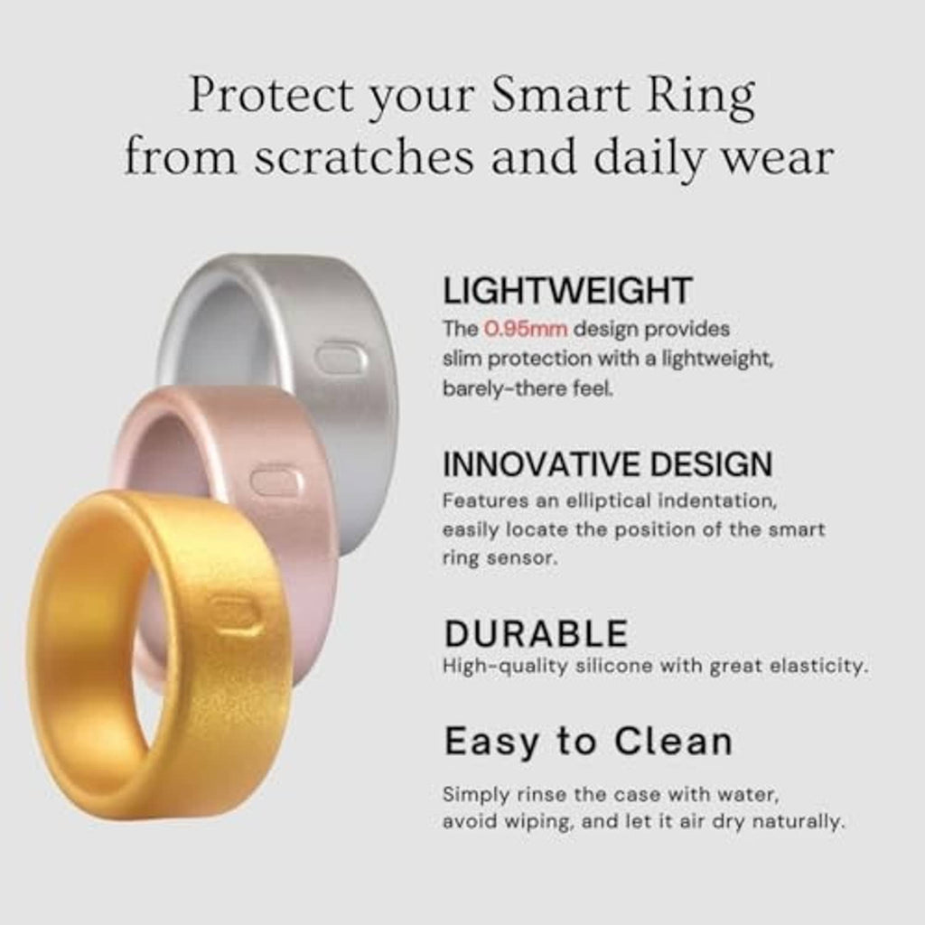 Stacked metallic silicone ring covers in silver, rose and gold, product display.