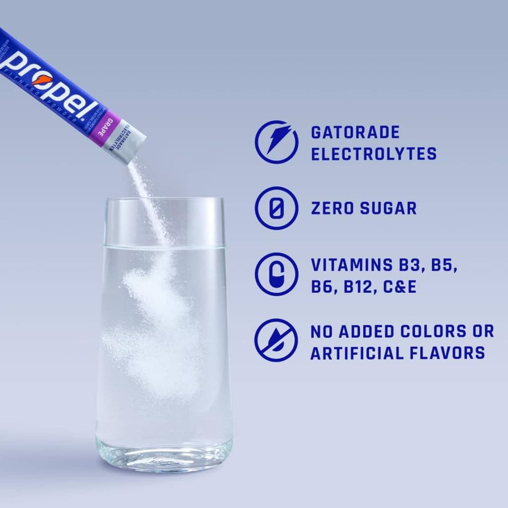 Electrolyte drink mix packet pouring into a glass of water; zero sugar