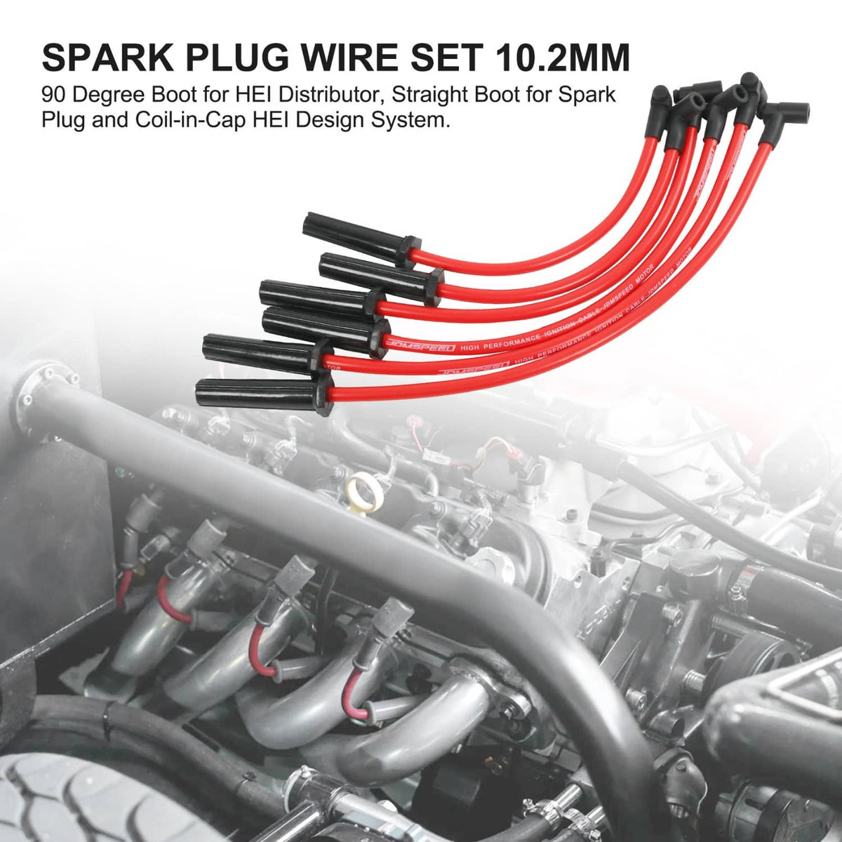 Red spark plug wire set with black HEI-style boots for coil-in-cap use