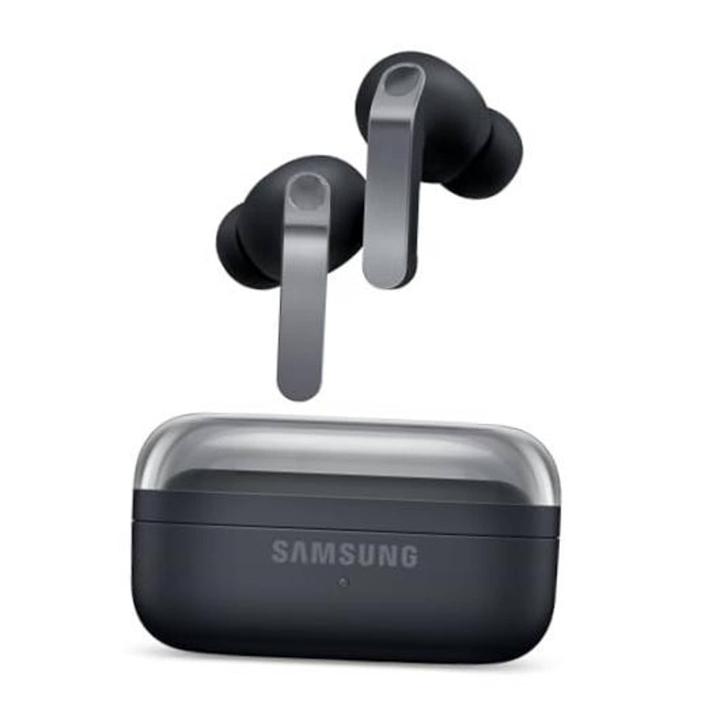 Black true wireless earbuds with black charging case, stem and rounded earpieces