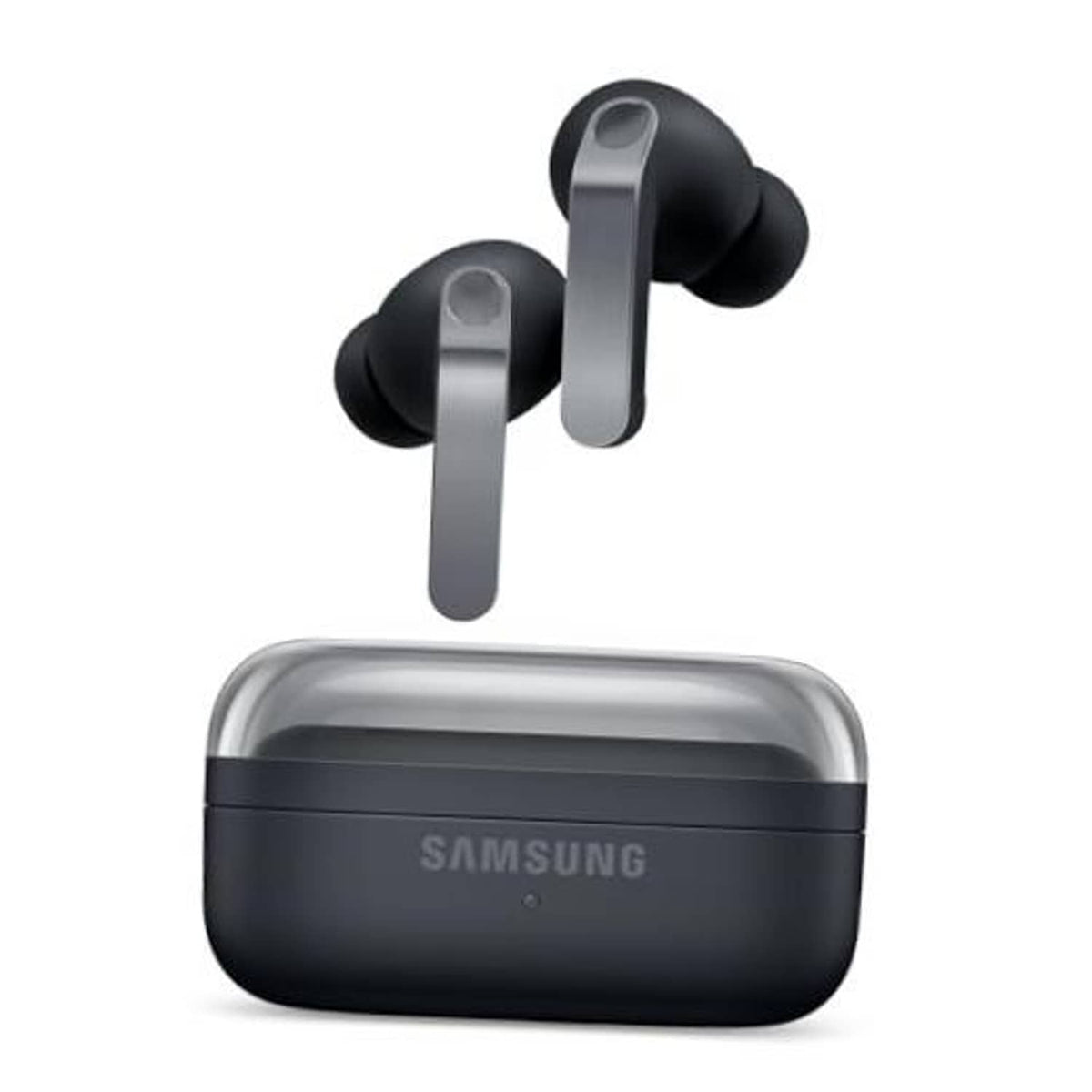 Black true wireless earbuds with black charging case, stem and rounded earpieces