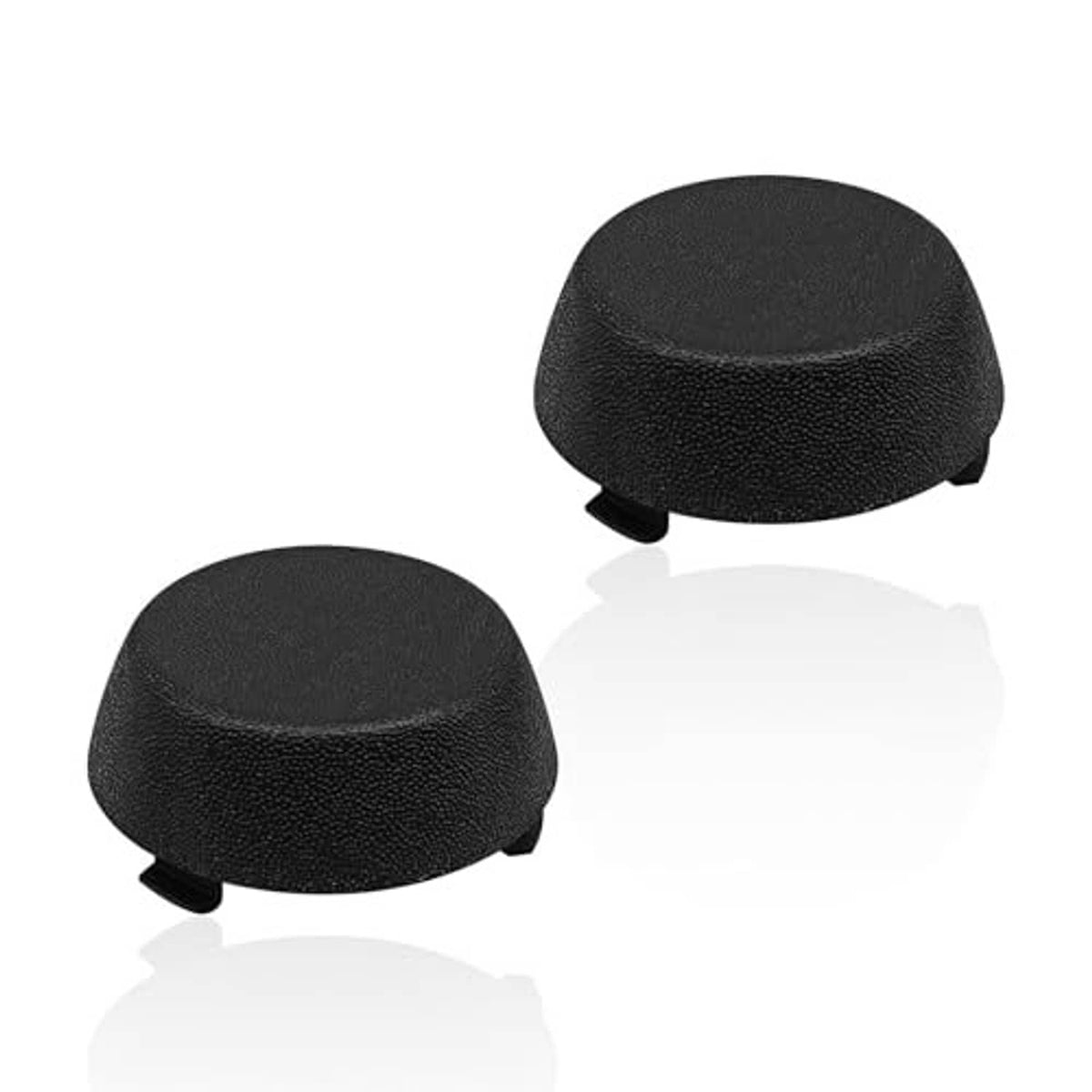 Two black textured dome caps for rear bumper, shown at angles with mounting tabs