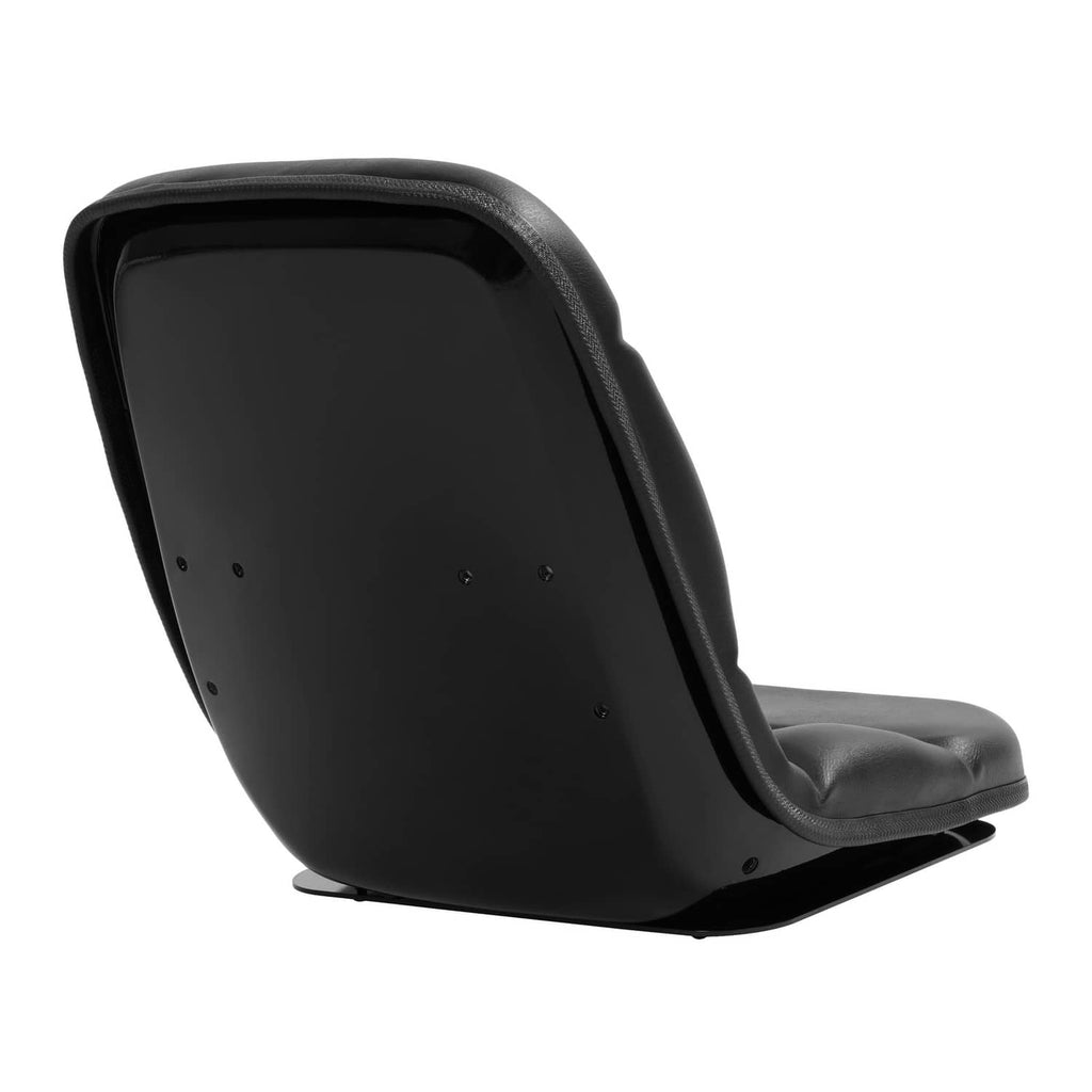 Black tractor seat with contoured backrest and underside mounting base, side view.