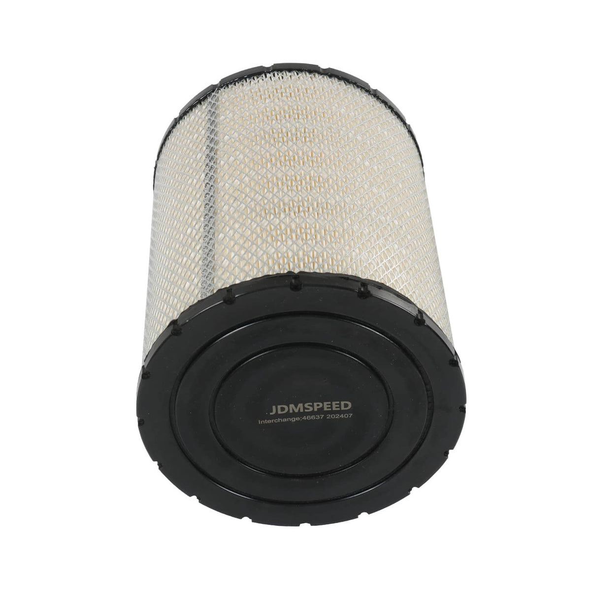 Air filter cartridge end view with black cover and light mesh pleated filter element