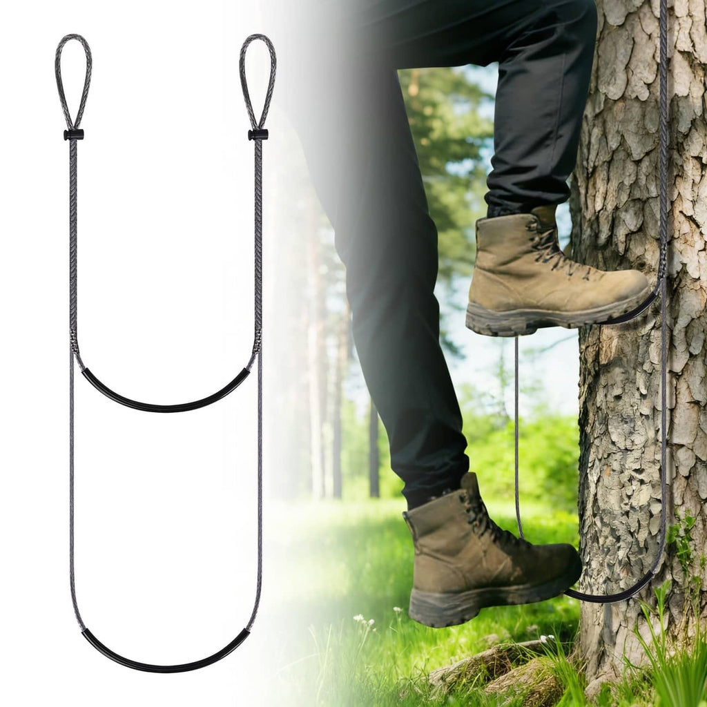 Two-step climbing stick rope aider with U-shaped black straps and loops