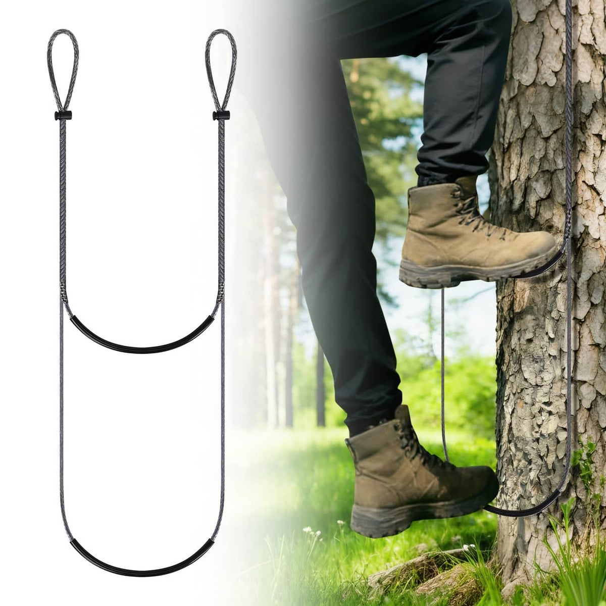 Two-step climbing stick rope aider with U-shaped black straps and loops