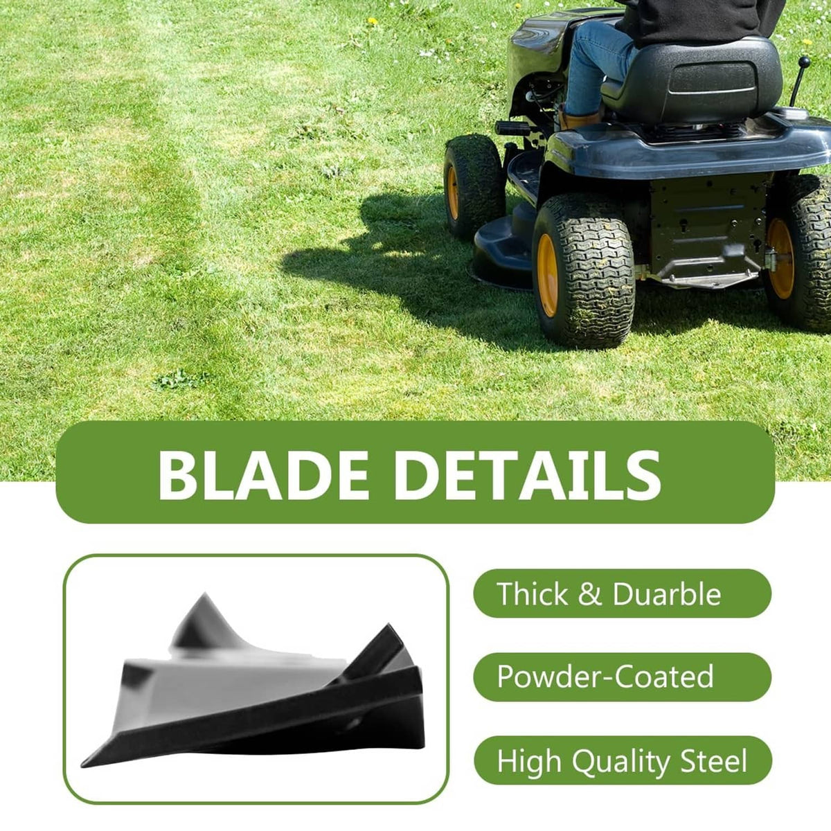 Black mulching mower blade profile with thick edge and 5-point star center hole