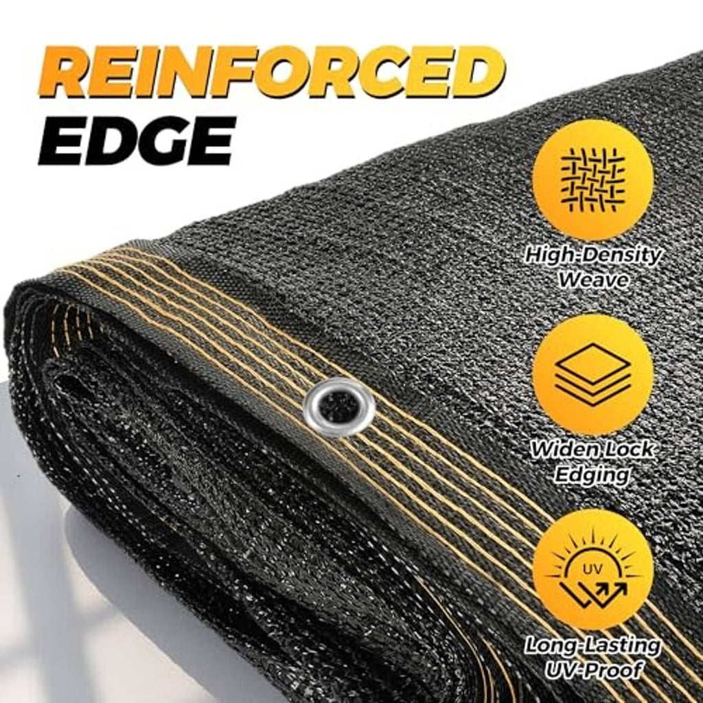 Reinforced edge 70% shade cloth roll, black mesh with tan woven stripe and grommet label