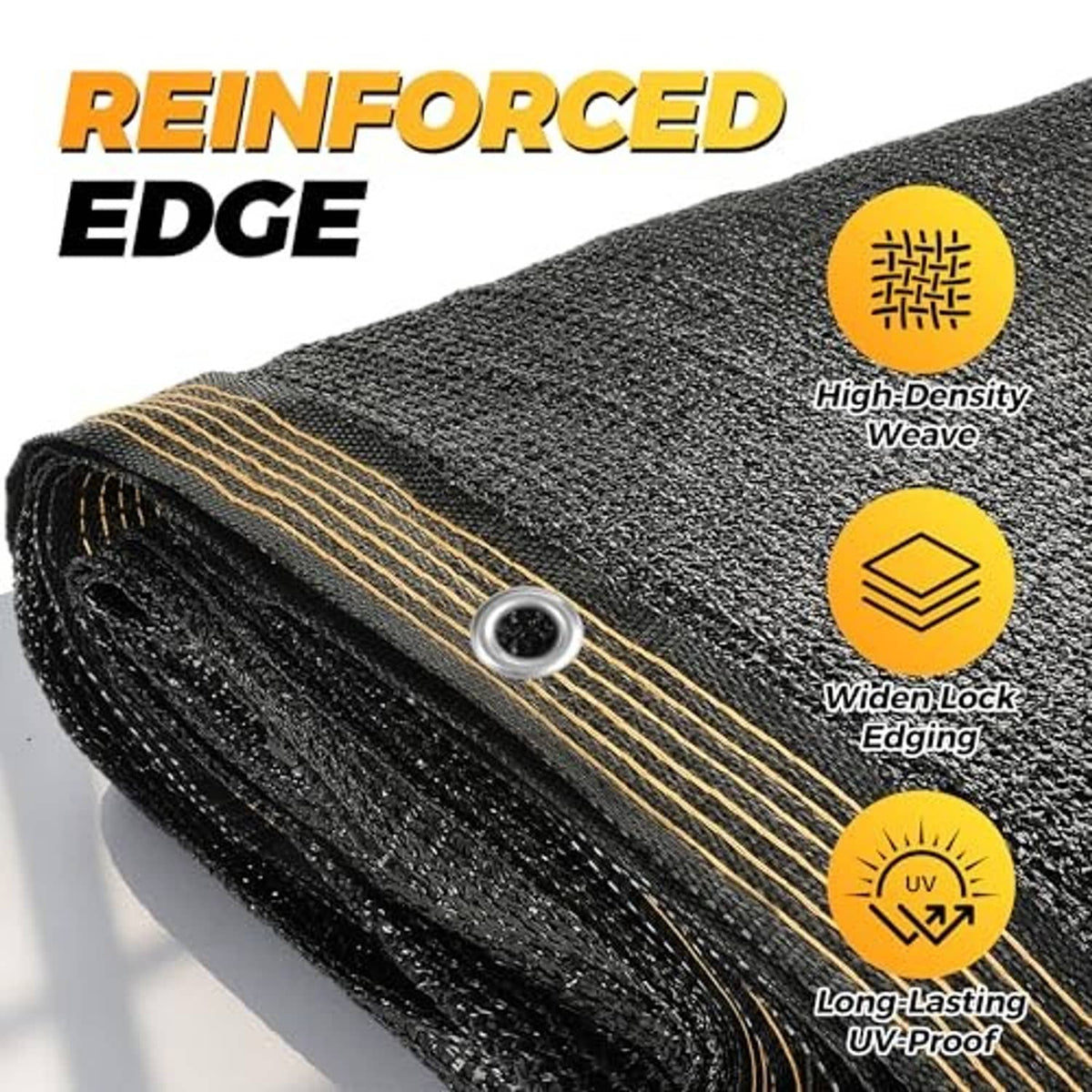 Reinforced edge 70% shade cloth roll, black mesh with tan woven stripe and grommet label