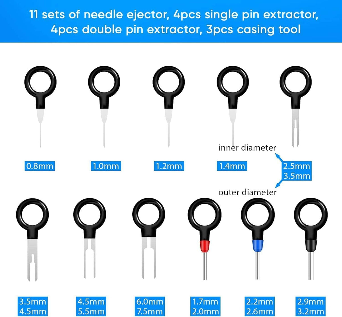 Needle ejector size chart with single and double pin extractors, labeled 0.8–2.5mm