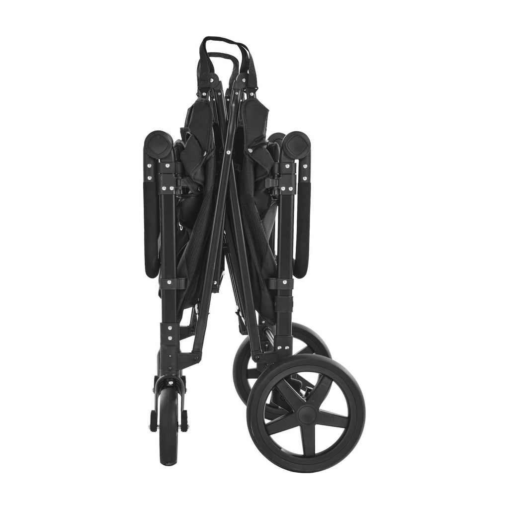 Black 4-seat wagon stroller folded upright, showing legs and large wheels