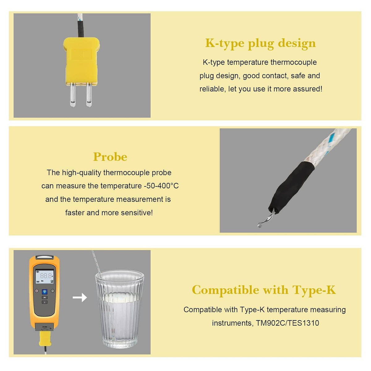 K-type thermocouple probe with yellow plug and black sensor tip on fiber cable
